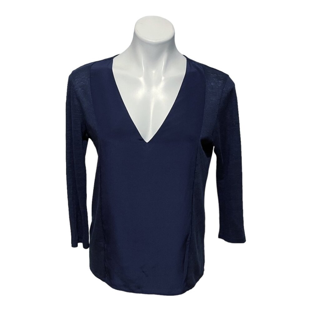 Sandro Paris Medium Large Long Sleeve V Neck Navy Linen Silk Blend Top